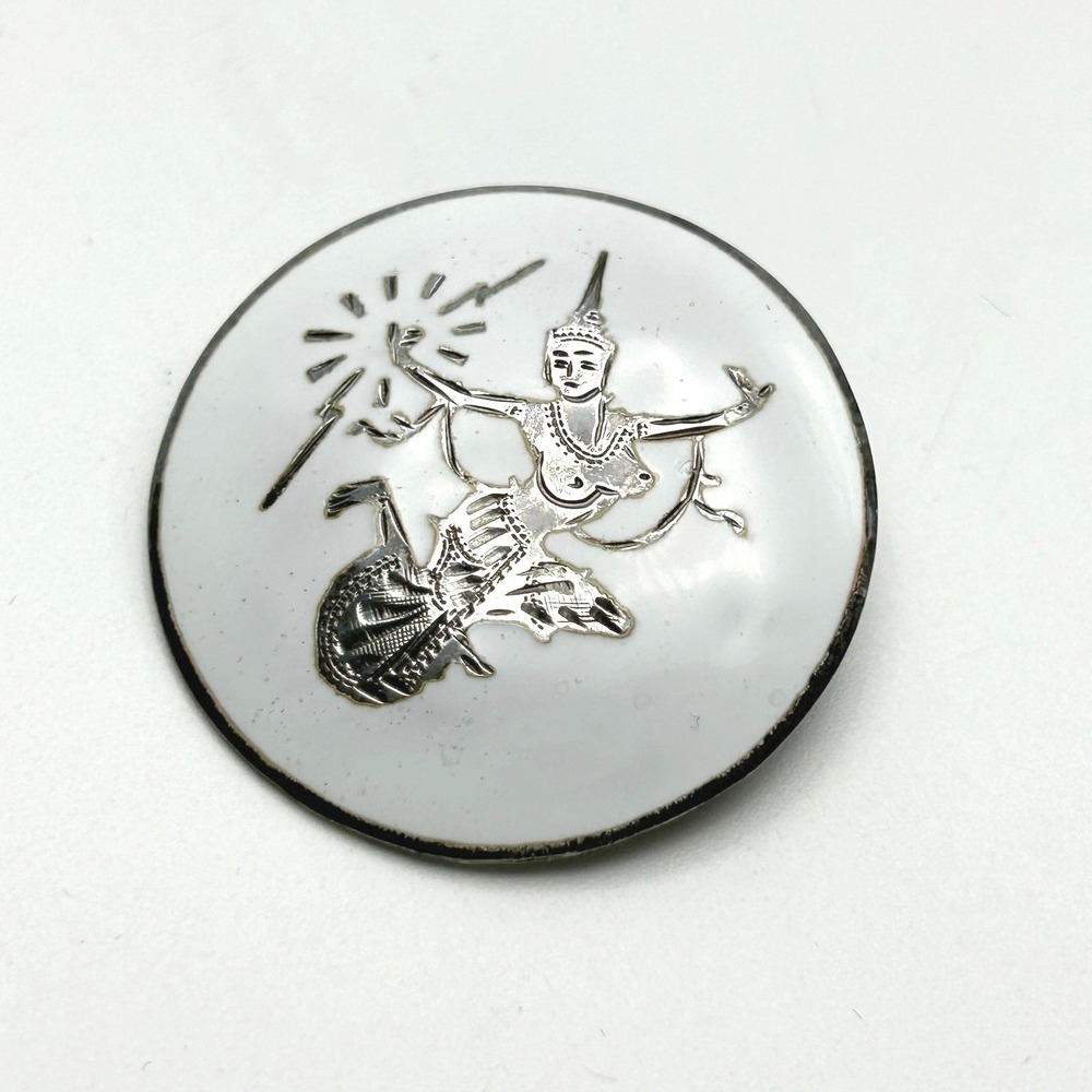Vintage‎ Siam Sterling Silver Brooch White Enamel Dancing Thai Goddess Signed